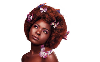 Beauty, confident and black woman with butterflies in hair, makeup and beauty with natural glow and...