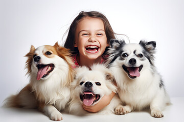 cheerful and funny happy girl are playing with dogs