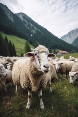 Obraz premium Flock of sheep Sheep grazing on the green pastures in front of the mountains, embodying pastoral serenity and picturesque rural life.