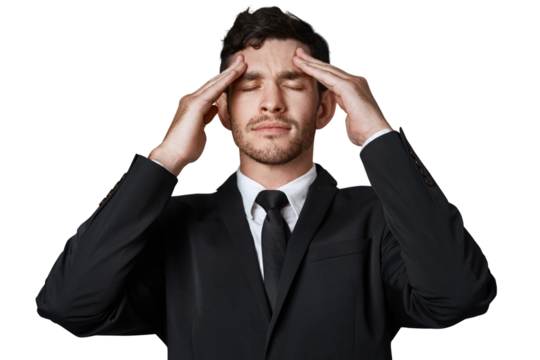 Headache, mental health and business man stress over company mistake, corporate disaster or work burnout. Migraine pain, overwhelmed and person massage head isolated on transparent, png background
