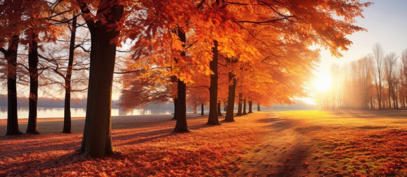 Vibrant trees in an autumn park, with sunlight gleaming through the leaves.