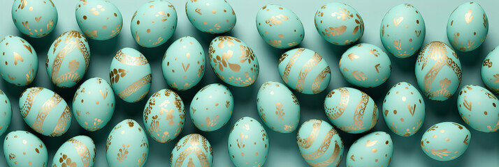 decorated Easter eggs pattern flat lay mint green and gold colors, modern