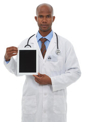 Portrait, medical and tablet screen with a doctor black man isolated on transparent background for advice. Healthcare technology with a serious medicine professional on PNG for telehealth consulting
