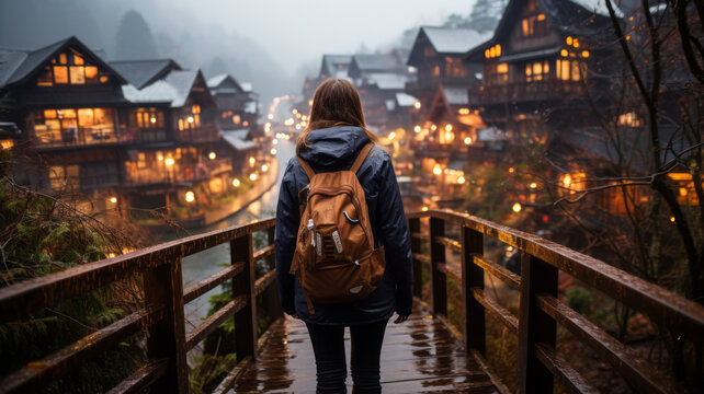 Young traveler admires snowy UNESCO village in twilight, Japan.