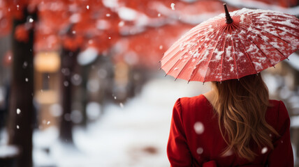 a girl in red Kimono with umbrella with white snow, Hokkaido, Japan. --ar 16:9 --style raw --stylize 750 --v 5.2 Job ID: 3d653366-5459-4b72-9057-3159d76fb2fa - obrazy, fototapety, plakaty