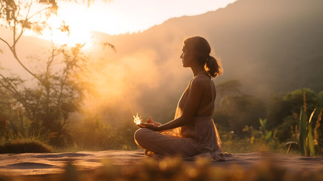 girl wearing a simple dress doing Yoga session at a top of mountain in a sunrise ,magical background with mountains and sunlight rays and sky, meditation yoga concept