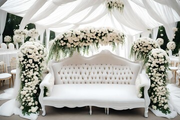 Beautiful decoration for the wedding ceremony in the form of a sofa and white flowers on the wedding 