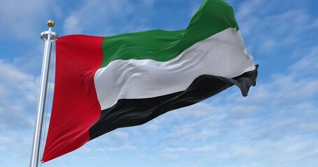 United Arab Emirates flag with flagpole waving in wind, rolling clouds background looping, 4K video (Perfect Loop)
