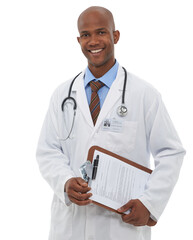 Clipboard, portrait and happy black man, doctor or surgeon with insurance paperwork, medical info...