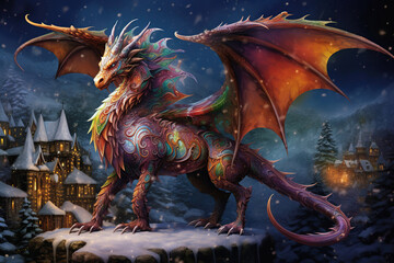 colorful dragon in the snow, winter night scene