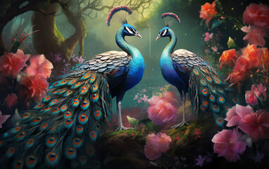 Fototapeta premium peacocks are standing in a garden with flowers and trees