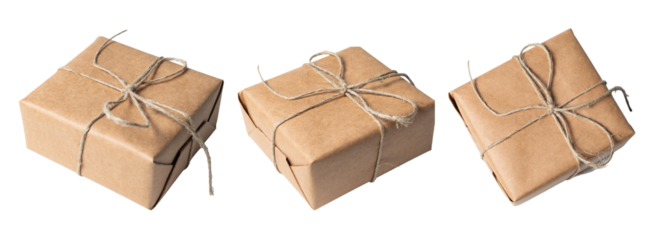Gift wrapped in rustic paper tied with sisal twine, isolated on white or transparent background cutout.
