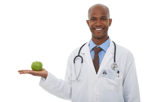 Portrait, black man and doctor with apple, smile and employee isolated on transparent background. Face, African person and medical with professional, png and fruit with nutrition, healthy or wellness