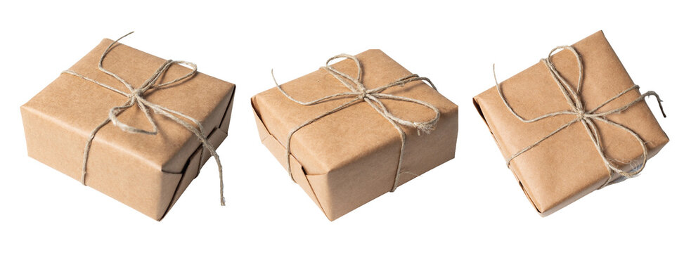 Gift wrapped in rustic paper tied with sisal twine, isolated on white or transparent background cutout.