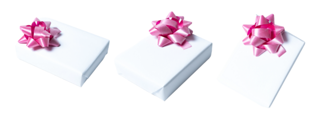 White gift with pink bow ribbon, isolated on white or transparent background cutout.