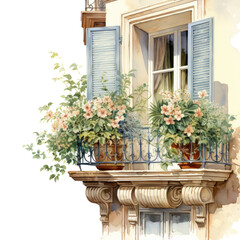 Vintage watercolor old European balcony window with flowers