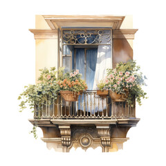 Fototapeta na wymiar Vintage watercolor old European balcony window with flowers