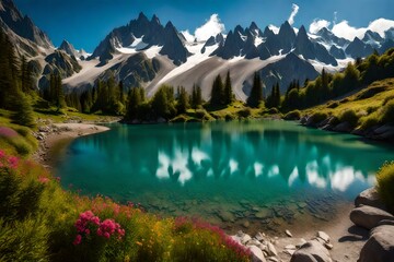 Colorful summer panorama of the Lac Blanc lake with Mont Blanc (Monte Bianco) on background,  - obrazy, fototapety, plakaty