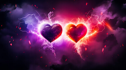  Deux cœurs et des éclairs dans le ciel, saint valentin, coup de foudre