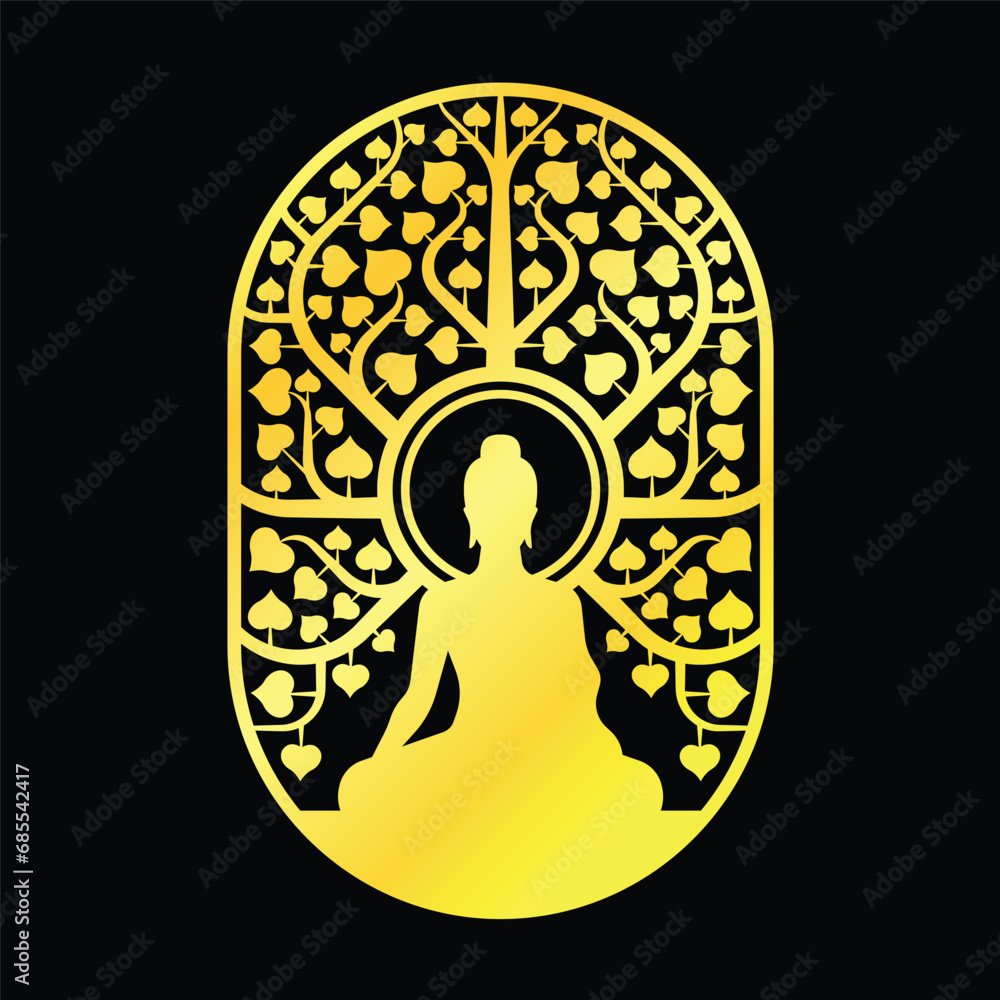 Poster gold buddha meditation with radiate glow sit under bodhi tree with leafs heart shape in square round