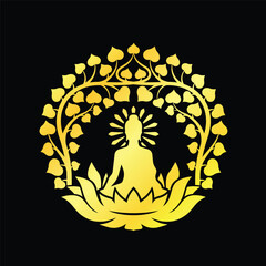 Gold Buddha Meditation sit on lotus with bodhi tree branch  and leaf around on black background vector design