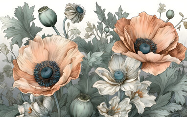 Poppy flowers, anemones, and lush leaves, Generative AI