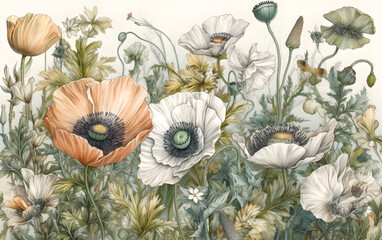 Poppy flowers, anemones, and lush leaves, Generative AI