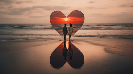 Coule d'amoureux devant un gros coeur rouge sur la plage - obrazy, fototapety, plakaty
