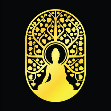 Gold Buddha Meditation with radiate glow sit under bodhi tree with leafs heart shape in square rounded corner frame vector design