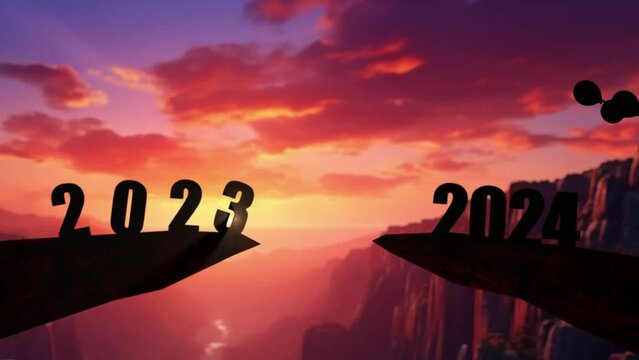 Little girl jumping on cliff 2024 over the precipice with stones at amazing sunset. New Year's concept. Welcome 2024. People enters the year 2024, creative idea.