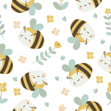 Seamless vector pattern. Cute bees and daisies. Pattern on white background for children's products . Vector illustration
