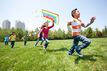 Children Playing with Kite in Field