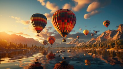 Colorful balloons float above mountains, rivers, and seas of mist. - obrazy, fototapety, plakaty