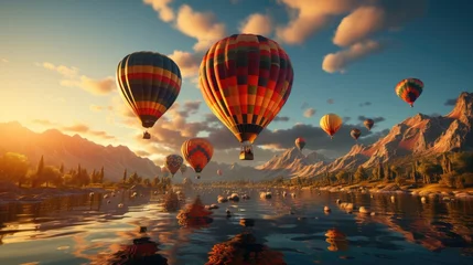 Fotobehang Colorful balloons float above mountains, rivers, and seas of mist. © Afeefa_Rehman