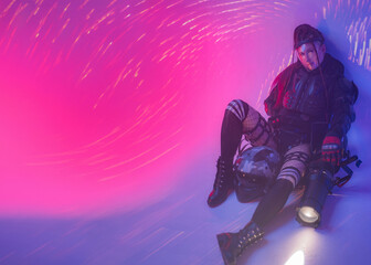 A female figure, dressed in a futuristic tactical black ensemble, reclines on the ground with a...