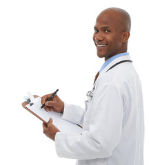 Isolated African man, doctor and clipboard in portrait for writing, advice or results by transparent png background. Medic person, documentation or checklist with pen, prescription or medical history - obrazy, fototapety, plakaty