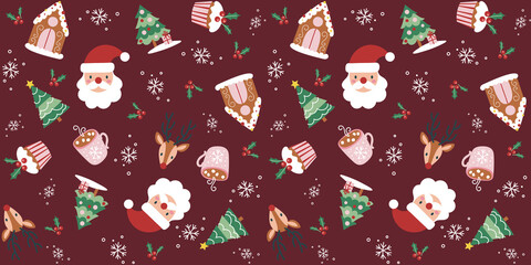 Christmas Seamless Pattern with Reindeer, Santa, Christmas Trees, Snow, Holly, Gingerbread House, Hot Cocoa & Cupcakes