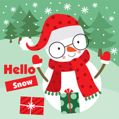 Cute Snowman with Christmas Tree Background