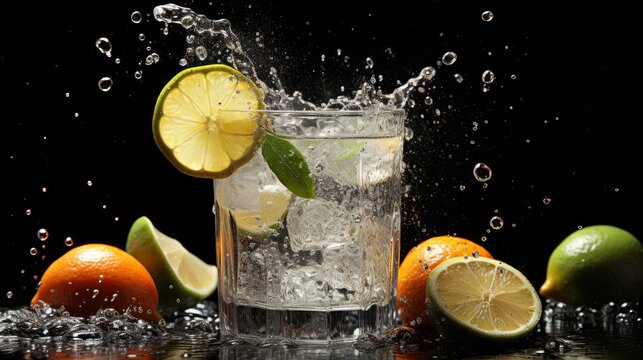 Alcoholic cocktail hard seltzer with splashes on black background