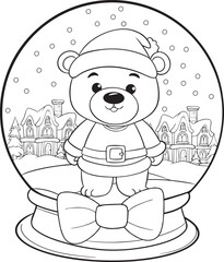 Cute Bear Cartoon. Snow Town. Christmas glass sphere. Coloring Page for adults and kids. Hand drawn.