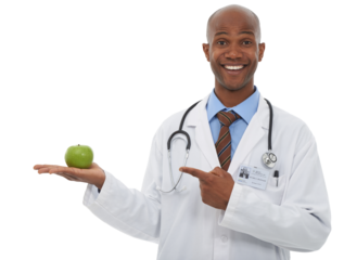 Smile, pointing and portrait of doctor with apple for health, wellness and organic diet. Happy, medical career and black man healthcare worker with fruit isolated by transparent png background.