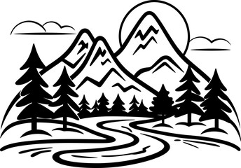 Landscape with mountains and river silhouette in black color. Vector template for laser cutting.