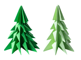 Green Origami Christmas pine tree, isolated on white or transparent background cutout.