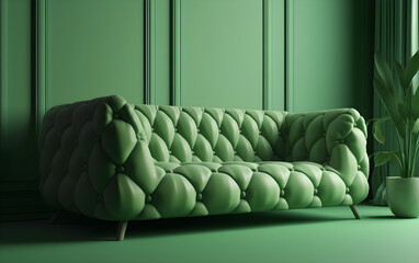 3D illustration of a soft green sofa against a green background, Generative AI