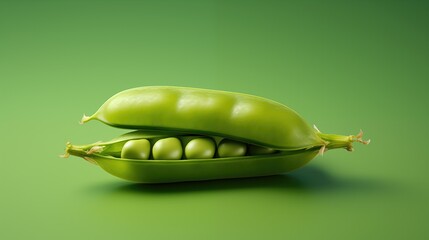 Fresh green pea pod with beans isolated on green background.