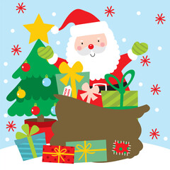 Cute Santa Claus with Christmas Tree and Gifts