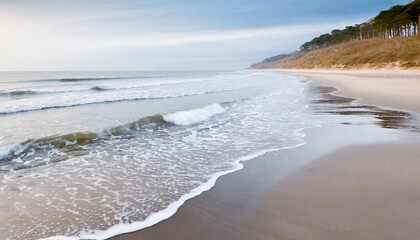 Fototapeta na wymiar Seaside Serenity: Waves Gently Washing Ashore on a Tranquil Beach. Generative AI