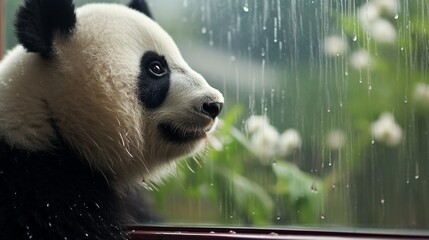 giant panda sitting in glassy window with drop of water in sad mood  generated by AI tool