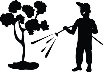 A gardener waters a flowering tree in the garden. . He has a hose with water in his hands. Illustration on a transparent background. Cartoon. Silhouette