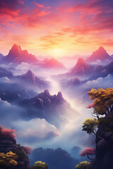 ethereal nature scene with mist-kissed mountains reflecting the sunrise glow, wide-angle lens, serene majesty - Generative AI